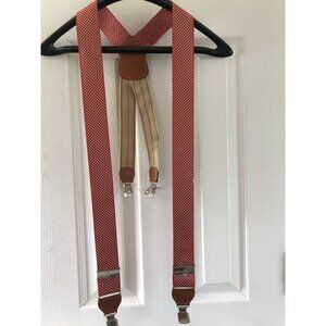 Vintage Big Sport Red & Tan Checkered Suspenders Leather Elastic Braces Silver